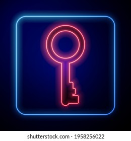 Glowing neon Old key icon isolated on blue background.  Vector Illustration