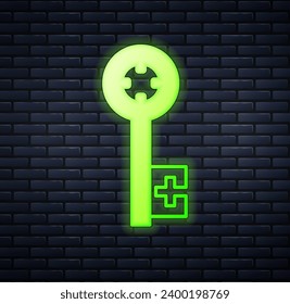 Glowing neon Old key icon isolated on brick wall background.  Vector
