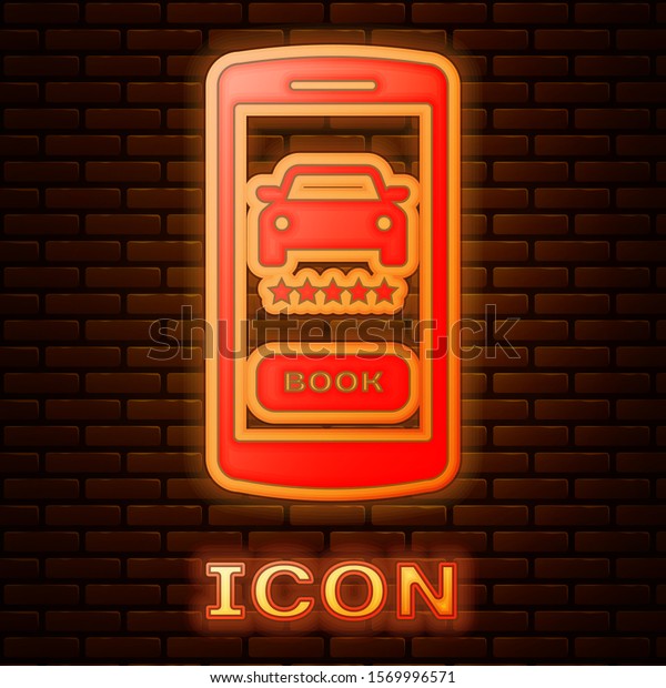 Glowing neon Online car\
sharing icon isolated on brick wall background. Online rental car\
service. Online booking design concept for mobile phone.  Vector\
Illustration