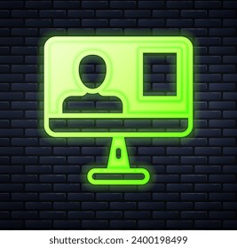 Glowing neon Online class icon isolated on brick wall background. Online education concept.  Vector