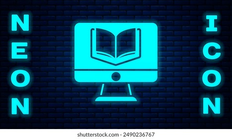 Glowing neon Online class icon isolated on brick wall background. Online education concept.  Vector