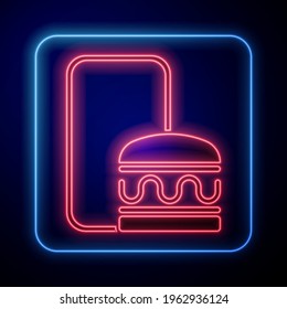 Glowing neon Online ordering and fast food delivery icon isolated on blue background. Burger sign.  Vector