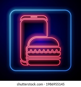 Icono de pedidos en línea de neón brillante y entrega de comida rápida aislado en fondo azul. Signo de hamburguesa.  Ilustración vectorial