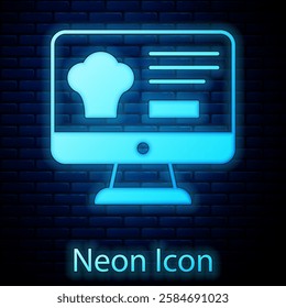 Glowing neon Online ordering and fast food delivery icon isolated on brick wall background.  Vector