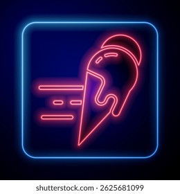 Brilhante neon Pedidos on-line e sorvete em waffle cone ícone isolado no fundo azul. Doce símbolo.  Vetor