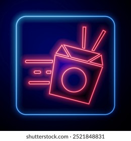 Glowing neon Online ordering and noodles delivery icon isolated on blue background.  Vector