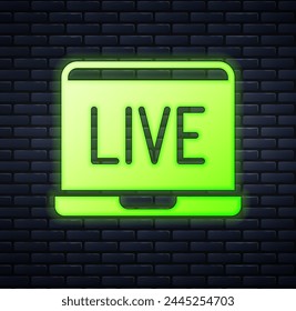 Glowing neon Online poker table game icon isolated on brick wall background. Online casino.  Vector