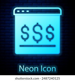 Glowing neon Online shopping on screen icon isolated on brick wall background. Concept e-commerce, e-business, online business marketing.  Vector