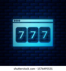 Glowing neon Online slot machine with lucky sevens jackpot icon isolated on brick wall background. Online casino.  Vector Illustration