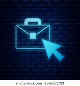 Glowing neon Online working icon isolated on brick wall background. Freelancer man working on laptop at his house. Remote work. Distant job concept.  Vector