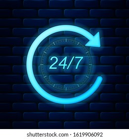 Glowing neon Open 24 hours a day and 7 days a week icon isolated on brick wall background. All day cyclic icon.  Vector Illustration