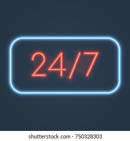 Glowing neon open 24/7 hours sign. Vector illustration.