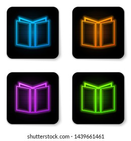 Glowing neon Open book icon isolated on white background. Black square button. Vector Illustration