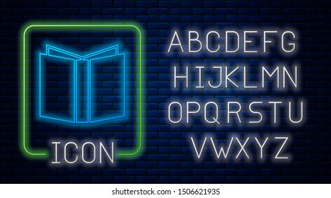 Glowing neon Open book icon isolated on brick wall background. Neon light alphabet. Vector Illustration