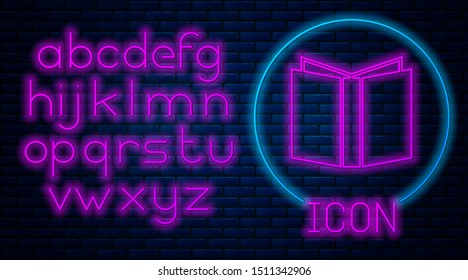 Glowing neon Open book icon isolated on brick wall background. Neon light alphabet. Vector Illustration