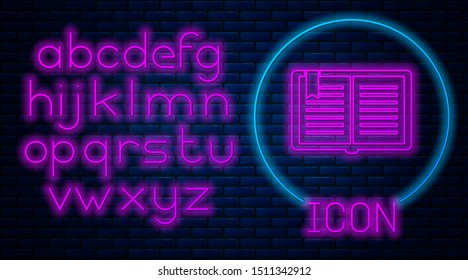 Glowing neon Open book icon isolated on brick wall background. Neon light alphabet. Vector Illustration