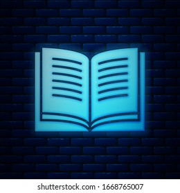 Glowing neon Open book icon isolated on brick wall background.  Vector Illustration