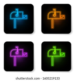 Glowing neon Open mail box icon isolated on white background. Mailbox icon. Mail postbox on pole with flag. Black square button. Vector Illustration