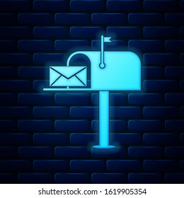 Glowing neon Open mail box with an envelope icon isolated on brick wall background.  Vector Illustration