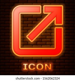 Glowing neon Open in new window icon isolated on brick wall background. Open another tab button sign. Browser frame symbol. External link sign.  Vector Illustration