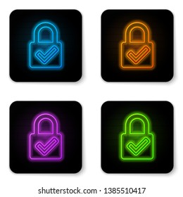 Glowing neon Open padlock and check mark icon isolated on white background. Cyber security concept. Digital data protection. Safety safety. Black square button. Vector Illustration