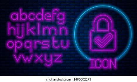 Glowing neon Open padlock and check mark icon isolated on brick wall background. Cyber security concept. Digital data protection. Safety safety. Neon light alphabet. Vector Illustration