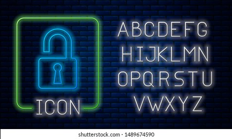 Glowing neon Open padlock icon isolated on brick wall background. Opened lock sign. Cyber security concept. Digital data protection. Safety safety. Neon light alphabet. Vector Illustration