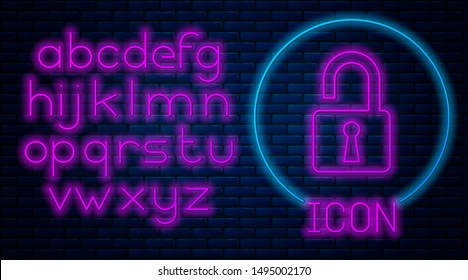 Glowing neon Open padlock icon isolated on brick wall background. Opened lock sign. Cyber security concept. Digital data protection. Safety safety. Neon light alphabet. Vector Illustration