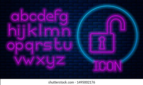Glowing neon Open padlock icon isolated on brick wall background. Opened lock sign. Cyber security concept. Digital data protection. Safety safety. Neon light alphabet. Vector Illustration