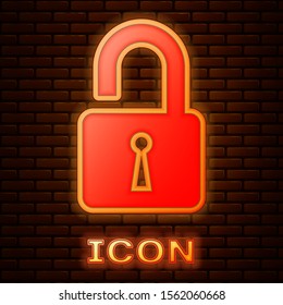 Glowing neon Open padlock icon isolated on brick wall background. Opened lock sign. Cyber security concept. Digital data protection. Safety safety.  Vector Illustration
