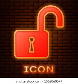 Glowing neon Open padlock icon isolated on brick wall background. Opened lock sign. Cyber security concept. Digital data protection. Safety safety.  Vector Illustration