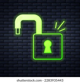 Glowing neon Open padlock icon isolated on brick wall background. Opened lock sign. Cyber security concept. Digital data protection.  Vector