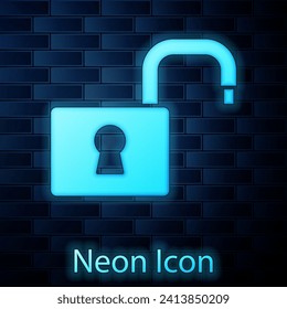 Glowing neon Open padlock icon isolated on brick wall background. Opened lock sign. Cyber security concept. Digital data protection.  Vector