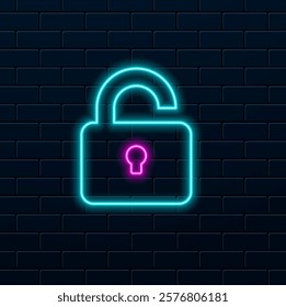 Glowing Neon Open padlock icon isolated on white background. Open lock sign. Cyber security concept. Digital data protection. Safety of security. Black square button. Vector illustration.