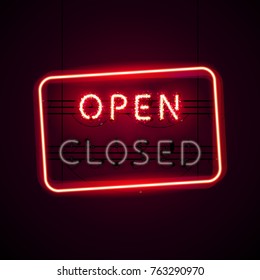 Glowing Neon Open Sign With Magic Sparkles On Dark Red Background And Turned Off Closed Sign. Used Vector Brushes Are Included. There Are Fastening Elements And Letters In A Symbol Palette.