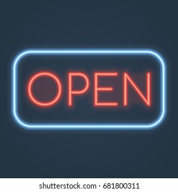 Glowing neon open sign. Vector illustration.