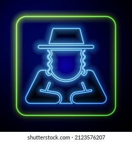 Glowing neon Orthodox jewish hat with sidelocks icon isolated on blue background. Jewish men in the traditional clothing. Judaism symbols.  Vector