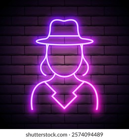 Glowing neon Orthodox jewish hat with sidelocks icon isolated on brick background. Jewish men in the traditional clothing. Judaism symbols. Vector