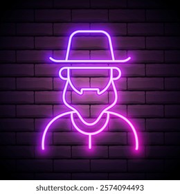 Glowing neon Orthodox jewish hat with sidelocks icon isolated on brick background. Jewish men in the traditional clothing. Judaism symbols. Vector