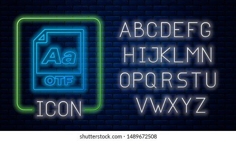 Glowing neon OTF file document. Download otf button icon isolated on brick wall background. OTF file symbol. Neon light alphabet. Vector Illustration