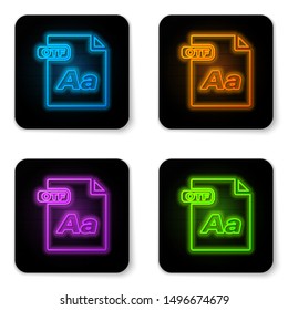 Glowing neon OTF file document. Download otf button icon isolated on white background. OTF file symbol. Black square button. Vector Illustration