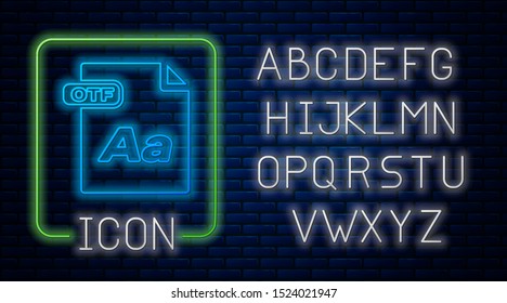Glowing neon OTF file document. Download otf button icon isolated on brick wall background. OTF file symbol. Neon light alphabet. Vector Illustration