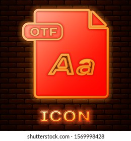 Glowing neon OTF file document. Download otf button icon isolated on brick wall background. OTF file symbol.  Vector Illustration