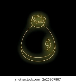 Glowing neon outline of full money bag with dollar sign on black background