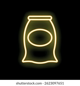 Glowing neon outline of a generic bag of flour or sugar with a blank label, perfect for food packaging and cooking concepts