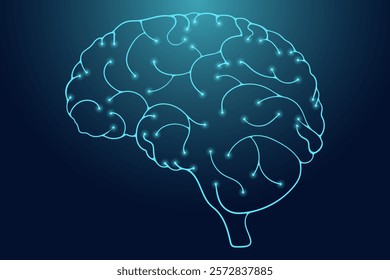 Glowing neon outline of a human brain with neural connections on a dark gradient background. Futuristic illustration for AI, technology, and neuroscience concepts
