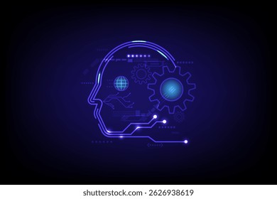A glowing neon outline of a human head integrated with gears and circuit patterns, symbolizing artificial intelligence. digital transformation and technological innovation
