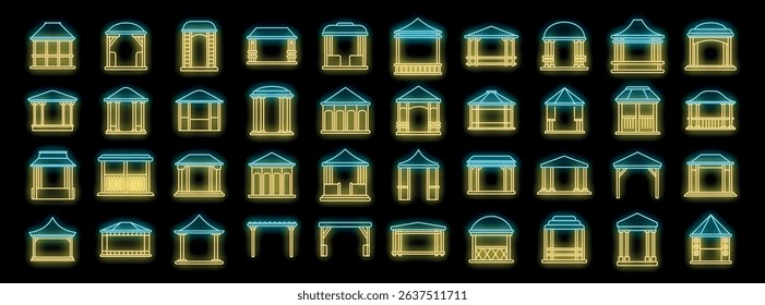 Glowing neon outlines of diverse pavilion designs on a dark background
