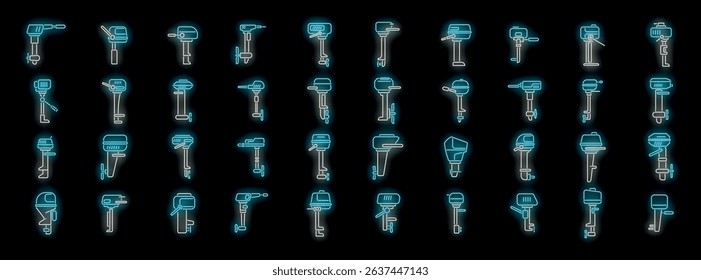 Glowing neon outlines of diverse power tools on a dark background