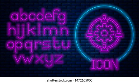 Glowing neon Outsourcing concept icon isolated on brick wall background. Cooperation sign. Idea of teamwork and investment. Neon light alphabet. Vector Illustration